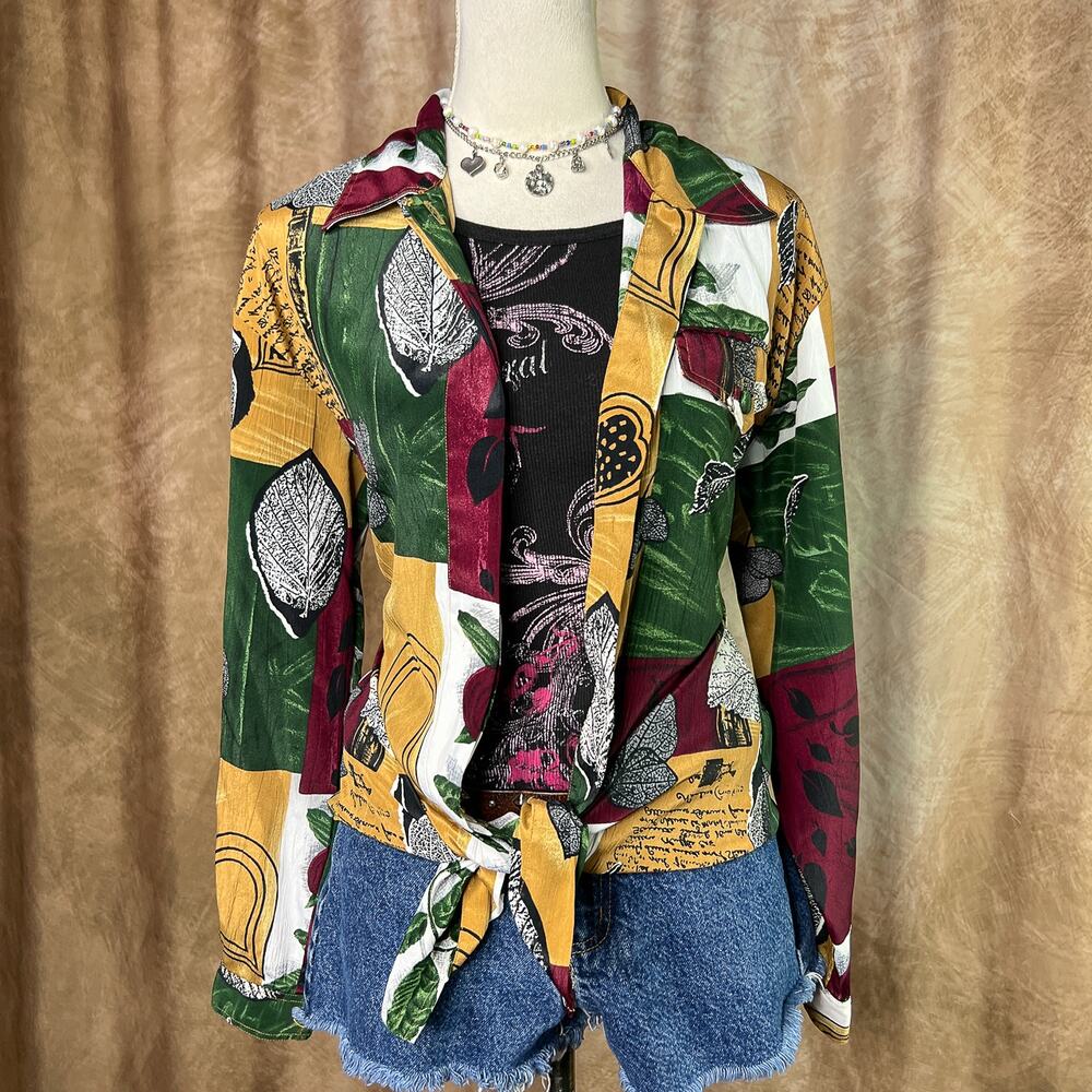 Vintage Patchwork Shirt Fall Foliage Multicolor Button Up 90s Boho Earthy Fairy - Picture 5 of 8